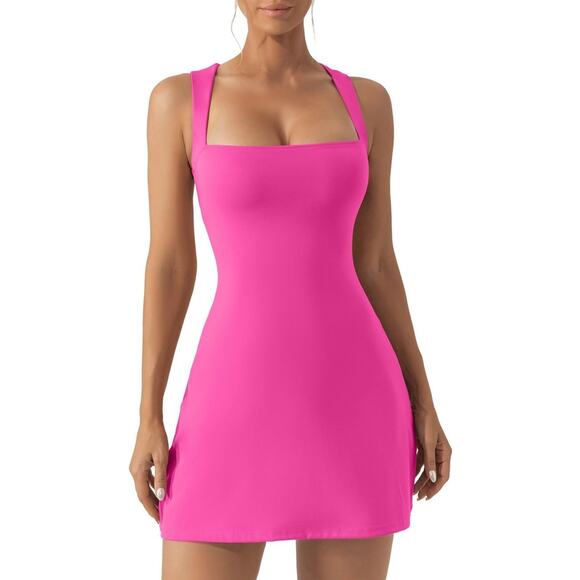 Qinsen Dresses & Skirts - Qinsen Azalea Pink Sleeveless Square Neck Mini Stretchy A Line Dress BNWT